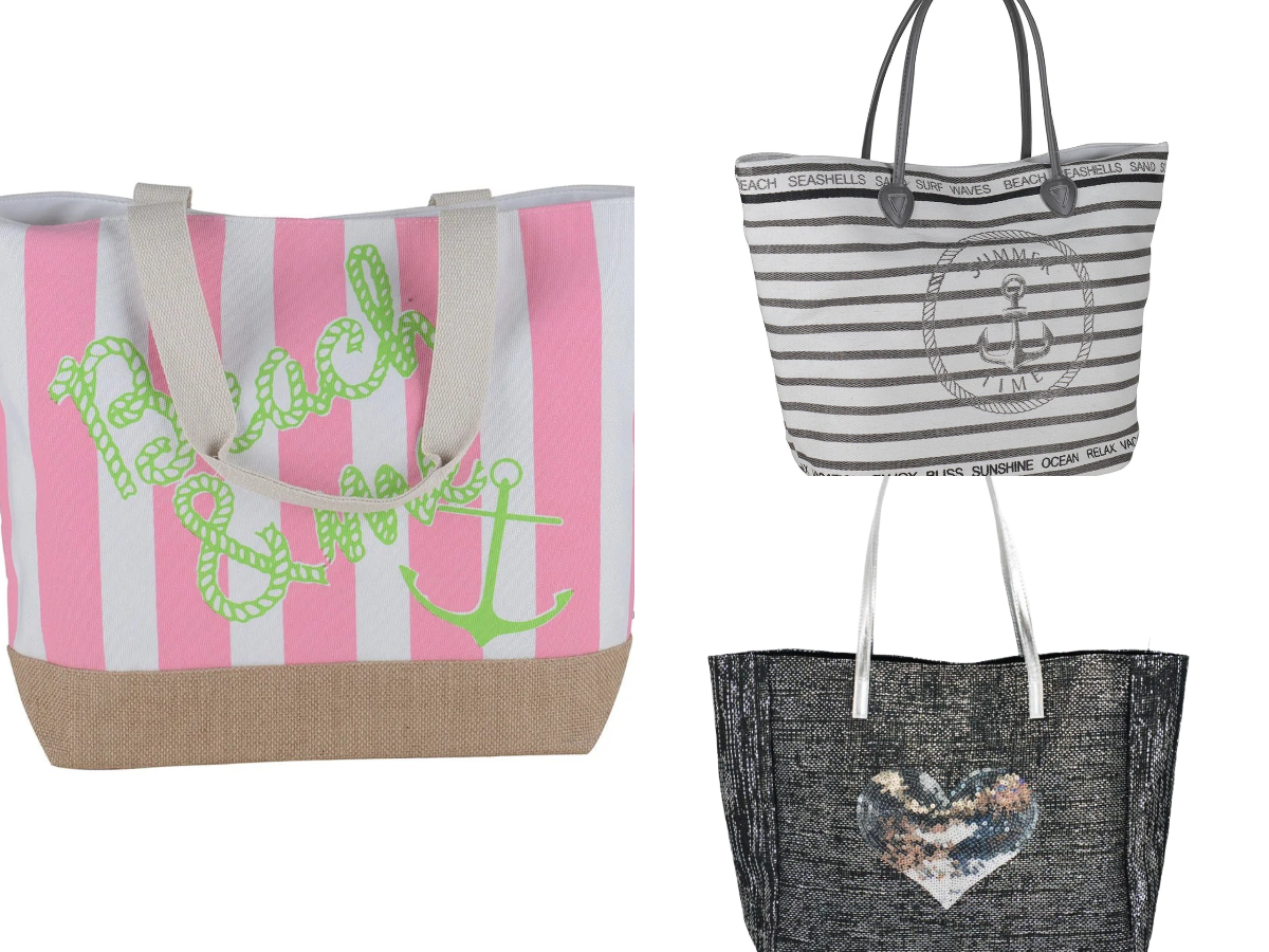 Women’s Beach Tote Bags Combo Set of 3 – Anchor, Heart Style & Pink Canvas Large Pool & Travel Totes