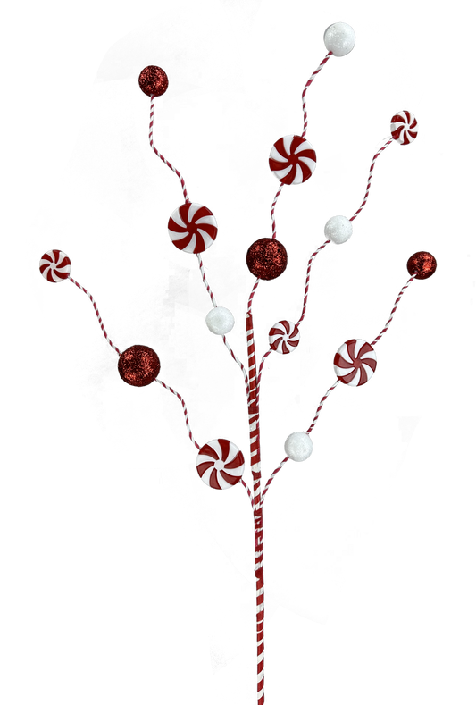 28 Inch Peppermint Candy & Ball Spray X5 - Red White