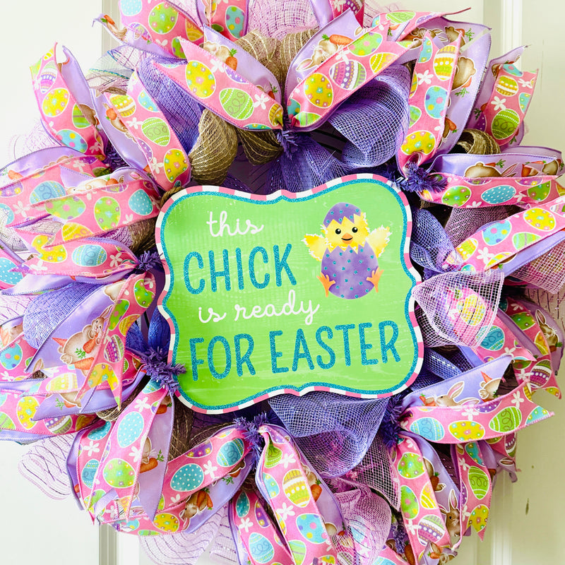 10.5 Inch L x 9 Inch H - Chick Is Ready for Easter Glitter Sign - White Pink Lavender Green Yellow