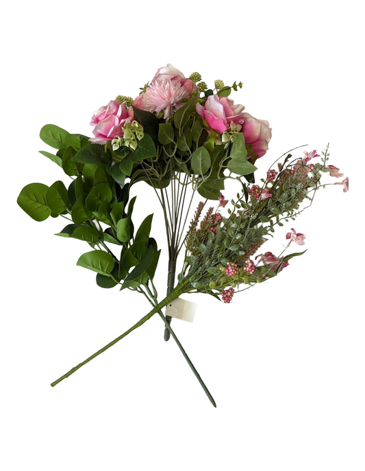 Artificial Floral Stems – 23" Hot Pink Berry Spray, 19" Green Eucalyptus Spray, 17.5" Pink Rose Mum Bush (11 Stems) - Set of 3