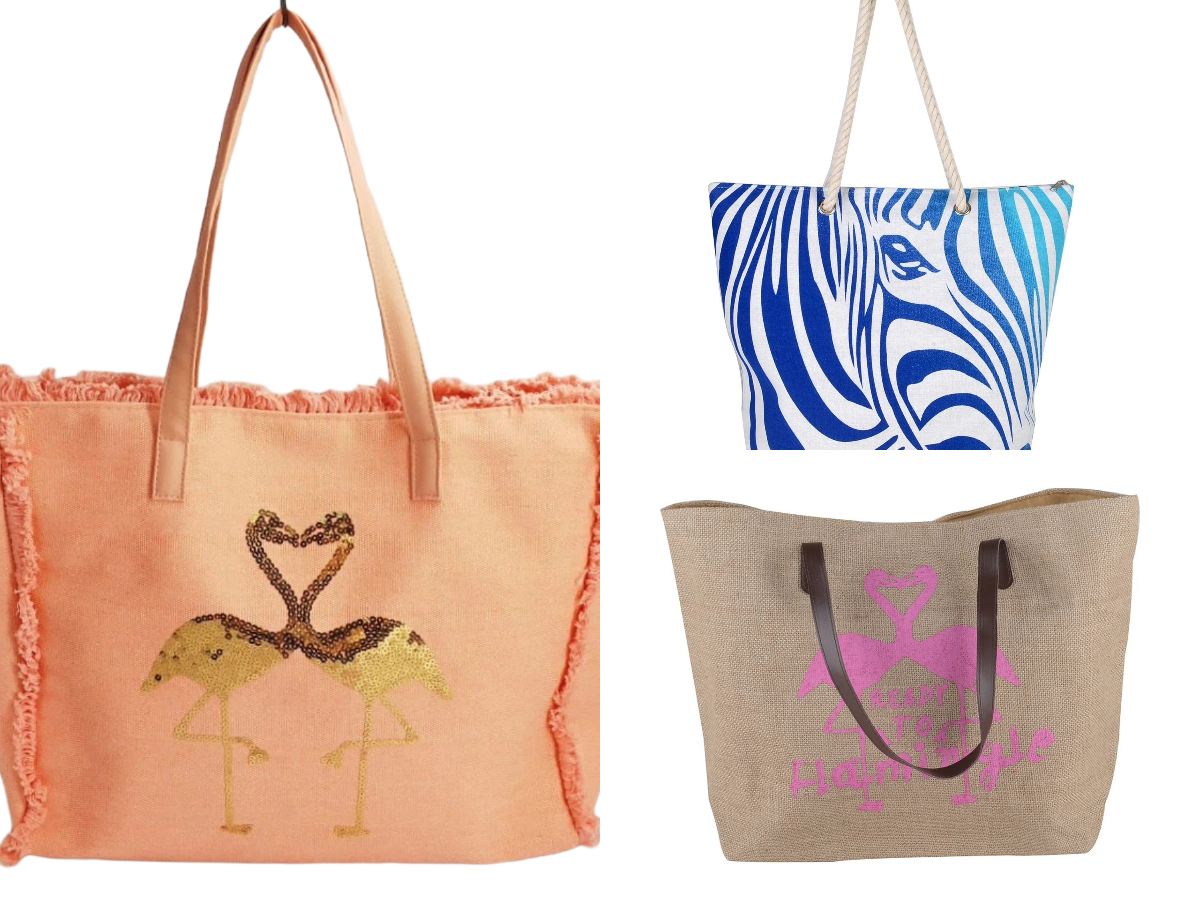 Women’s Beach Tote Bags Combo Set of 3 – Pink Flamingo, White & Blue Zebra Striped & Gold Flamingo Canvas Large Pool & Travel Totes