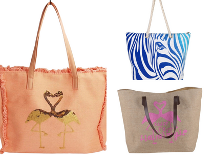 Women’s Beach Tote Bags Combo Set of 3 – Pink Flamingo, White & Blue Zebra Striped & Gold Flamingo Canvas Large Pool & Travel Totes