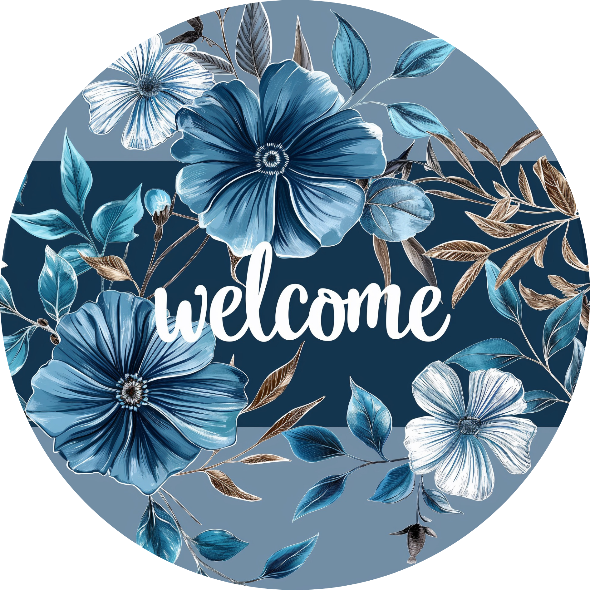 Welcome with Blue Flowers Metal / Vinyl Sign - Made in USA