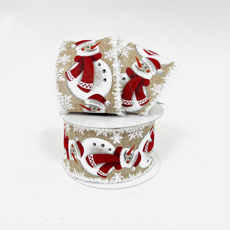 Christmas Holiday Xmas Snowman Gift Wrap Ribbon Faux Burlap Linen - 2.5 Inch x 10 Yards