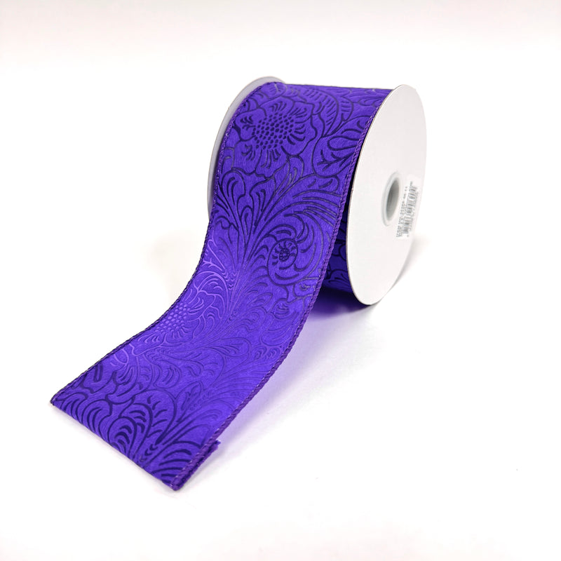 Purple Flower Embossed Wired Ribbon - 2-1/2 Inch x 10 Yards
