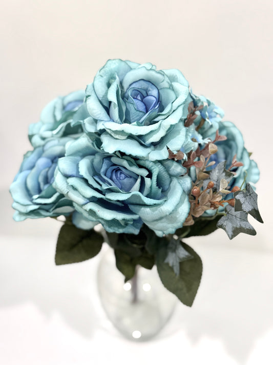19 Inch Artificial Rose Bush Teal Blue (Silk)