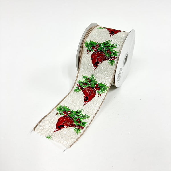Christmas Holiday Xmas NATURAL CARDINAL Gift Wrap Ribbon Linen - 2.5 Inch x 10 Yards