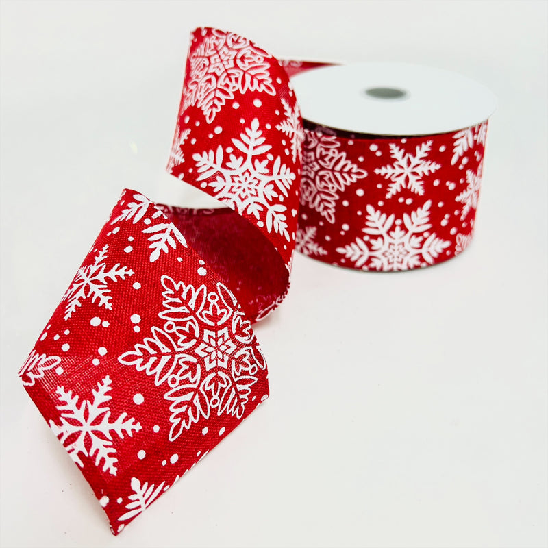 Christmas Holiday White Snowflake Gift Wrap Ribbon Faux Burlap Linen - 2.5 Inch x 10 Yards