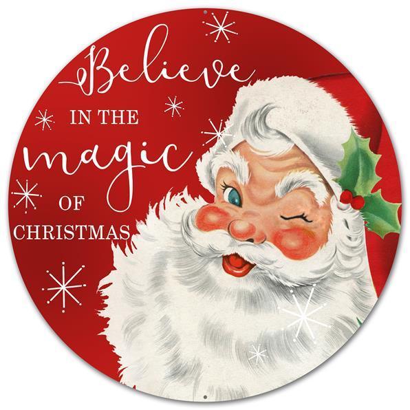 12 Inch Round Christmas Metal Sign: SANTA COMIN' IN TOWN - Wreath Accents - IMPORTED
