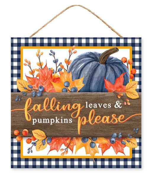 10 Inch Square Fall Wood Sign: FALLING LEAVES & PUMPKINS - Wreath Accents - IMPORTED