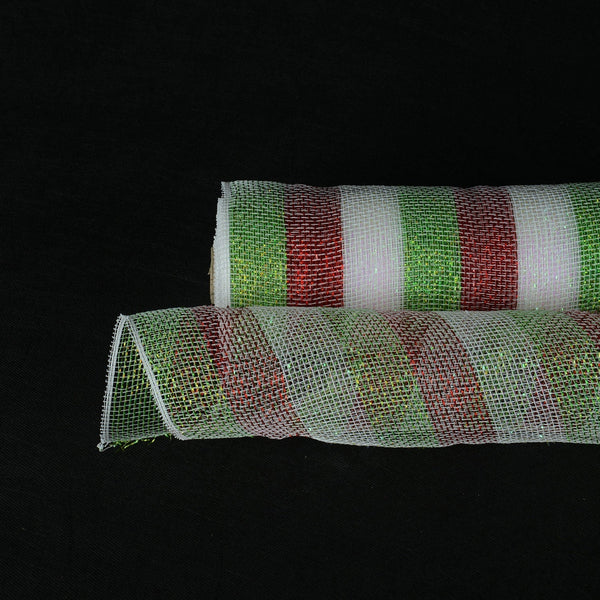 Apple Green, Red, White - Poly Deco Mesh Wrap with Laser Mono Stripe - ( 10 Inch x 10 Yards ) BBCrafts.com