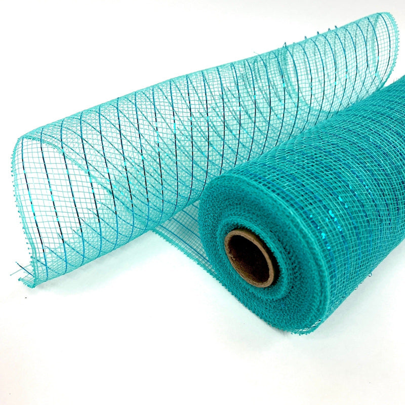 Aqua Blue - Deco Mesh Wrap Metallic Stripes - ( 10 Inch x 10 Yards ) BBCrafts.com