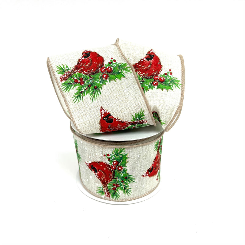 Christmas Holiday Xmas NATURAL CARDINAL Gift Wrap Ribbon Linen - 2.5 Inch x 10 Yards