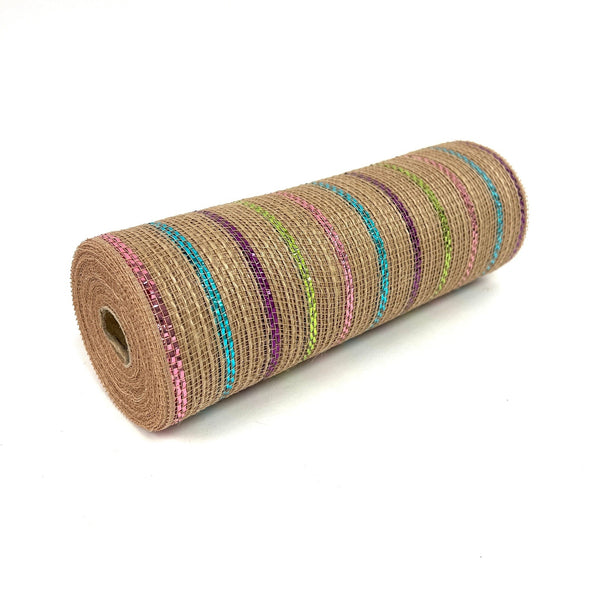 Natural Burlap Christmas Deco Mesh With Purple Pink Turquoise Metallic Stripes - 10 Inch x 10 Yards