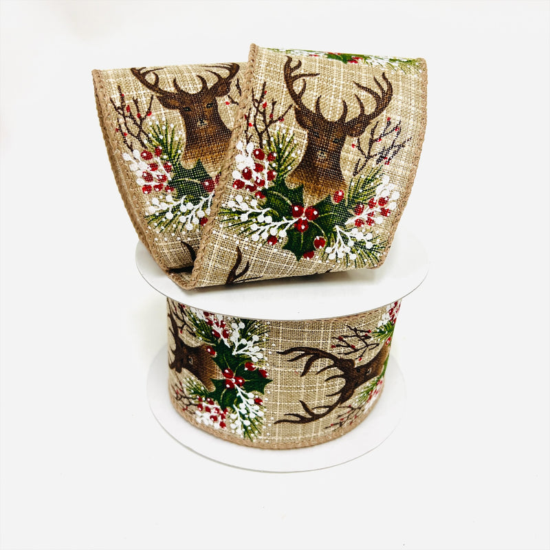 Christmas Holiday Xmas Moose Gift Wrap Ribbon Faux Burlap Linen - 2.5 Inch x 10 Yards