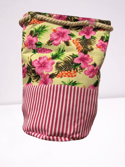 Beach Bag - Pink stripes with Flowers - 20 Inch x 12 Inch - Women Swim Pool Bag Large Tote BBCrafts.com