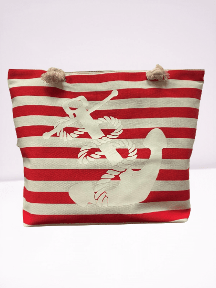 Beach Bag - Red stripes White Anchor - 14 Inch x 14 Inch - Women Swim Pool Bag Large Tote BBCrafts.com