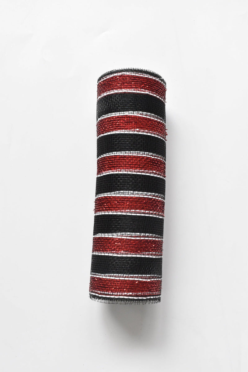 Black Deco Mesh with Red Metallic Stripes - 10 Inch x 10 Yards BBCrafts.com