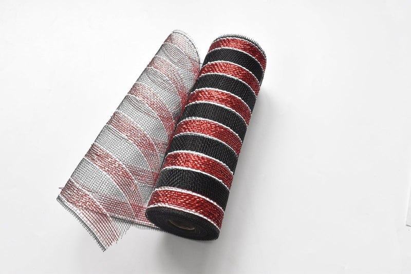Black Deco Mesh with Red Metallic Stripes - 10 Inch x 10 Yards BBCrafts.com