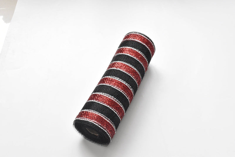 Black Deco Mesh with Red Metallic Stripes - 10 Inch x 10 Yards BBCrafts.com