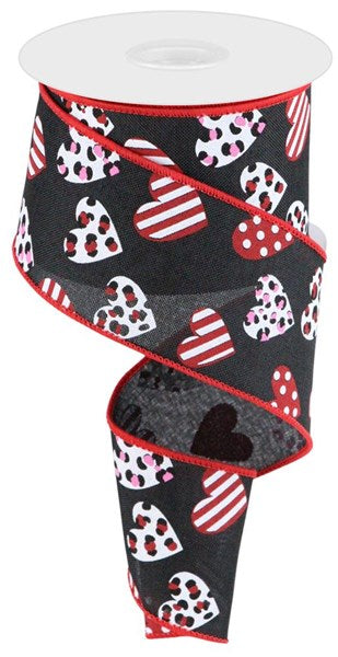 Black Red Hot Pink White - Multi Leopard Hearts Ribbon - (2-1/2 Inch | 10 Yards ) BBCrafts.com