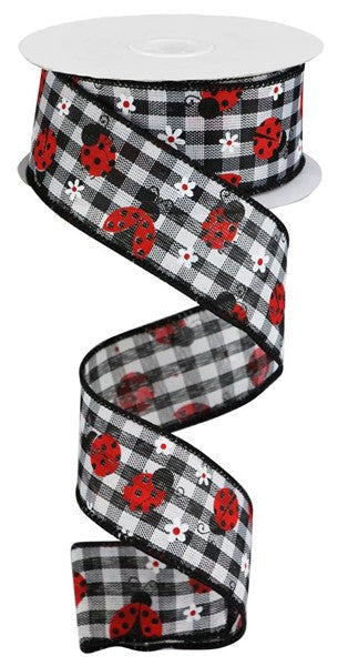 Black White Red - Mini Ladybugs Check Ribbon - ( 1-1/2 Inch | 10 Yards ) BBCrafts.com