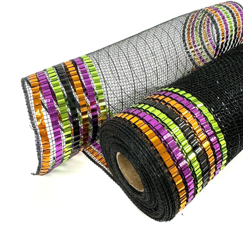 Black with Colorful Metallic Stripes Deco Mesh - Holiday Floral Deco Mesh - ( 10 Inch x 10 Yards ) BBCrafts.com