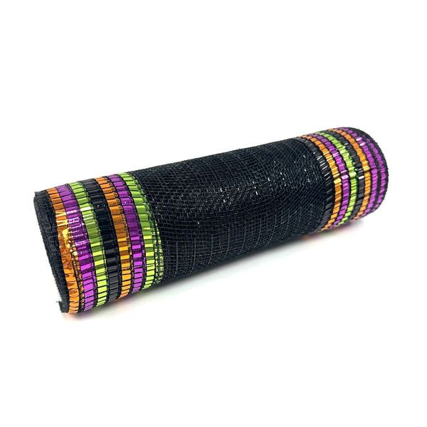 Black with Colorful Metallic Stripes Deco Mesh - Holiday Floral Deco Mesh - ( 10 Inch x 10 Yards ) BBCrafts.com