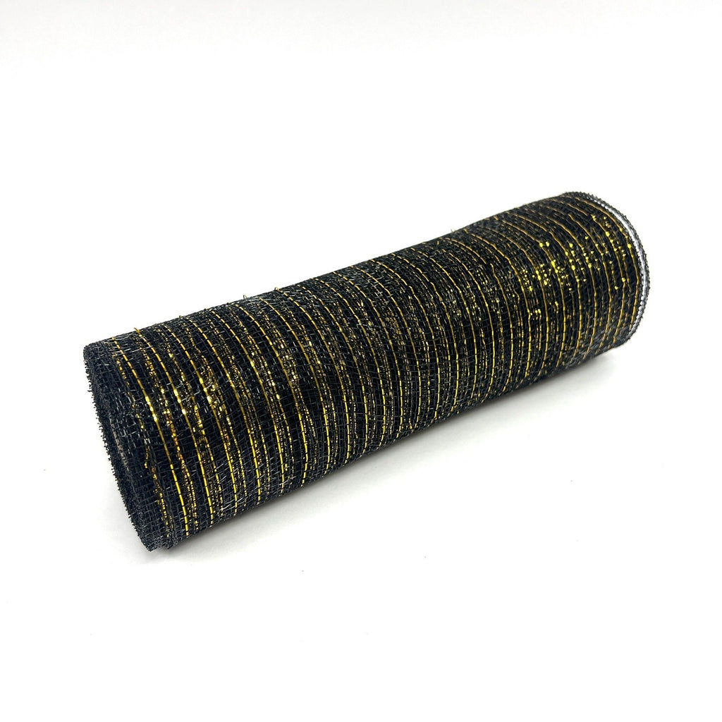 Deco Mesh Wrap Metallic Stripes Black with Gold Line ( 10 Inch x 10 Yards )  - BBCrafts - Wholesale Ribbon, Tulle Fabrics, Wedding Supplies, Tablecloths  & Floral Mesh at Best Prices