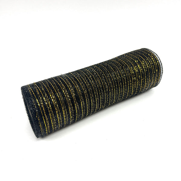 Black with Gold - Deco Mesh Wrap Metallic Stripes - ( 10 Inch x 10 Yards ) BBCrafts.com