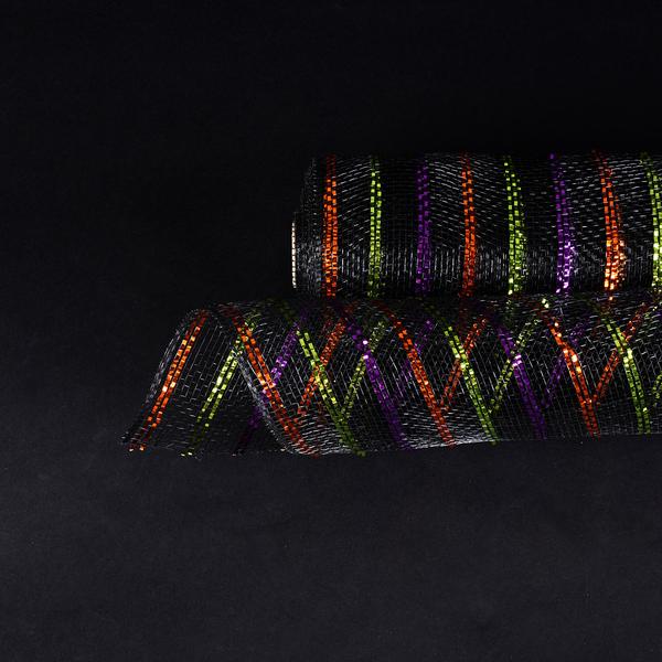 Black with Multi Color Lines - Holiday Floral Mesh Wraps - ( 10 Inch x 10 Yards ) BBCrafts.com