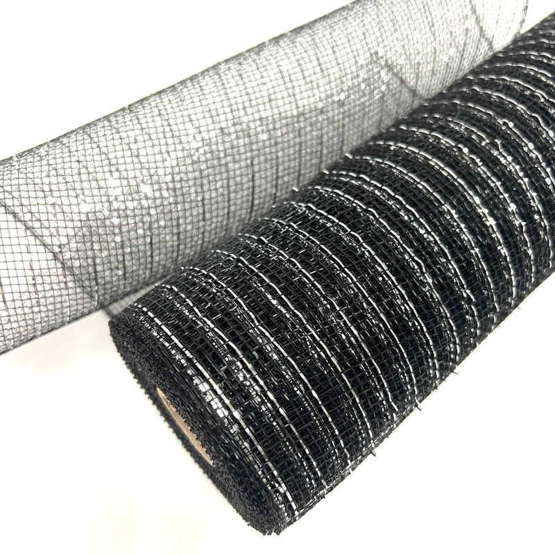 Black with Silver - Deco Mesh Wrap Metallic Stripes - ( 10 Inch x 10 Yards ) BBCrafts.com