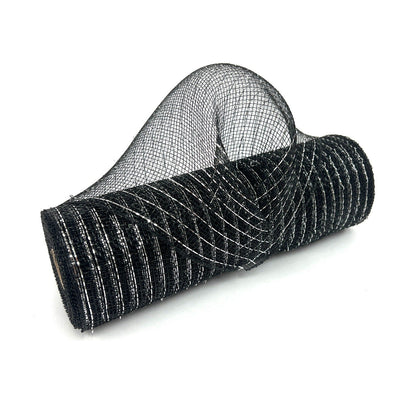 Black with Silver - Deco Mesh Wrap Metallic Stripes - ( 10 Inch x 10 Yards ) BBCrafts.com