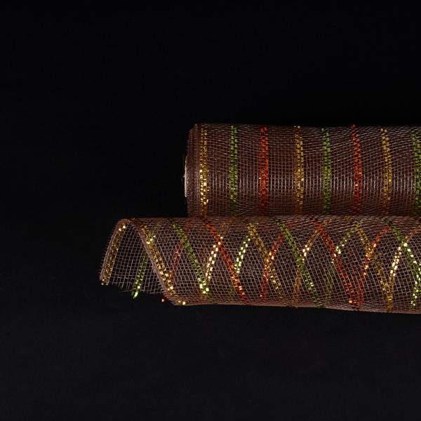 Brown with Multi Color Lines - Holiday Floral Mesh Wraps - ( 10 Inch x 10 Yards ) BBCrafts.com