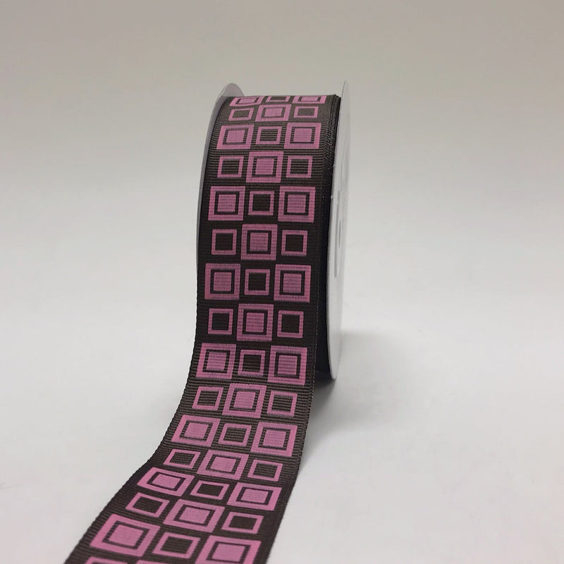 Brown with Pink - Square Design Grosgrain Ribbon ( 1 - 1/2 Inch | 25 Yards ) BBCrafts.com