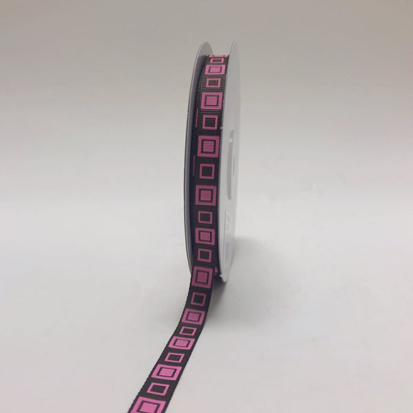 Brown with Pink - Square Design Grosgrain Ribbon ( 3/8 Inch | 25 Yards ) BBCrafts.com