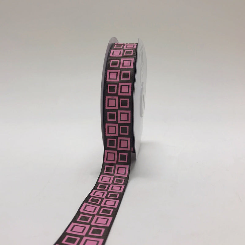 Brown with Pink - Square Design Grosgrain Ribbon ( 7/8 Inch | 25 Yards ) BBCrafts.com