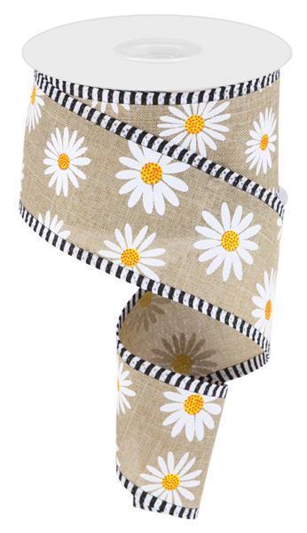 Burlap White Daisy Flower Spring Wired Edge Ribbon - ( 2-1/2 Inch | 10 Yards ) BBCrafts.com