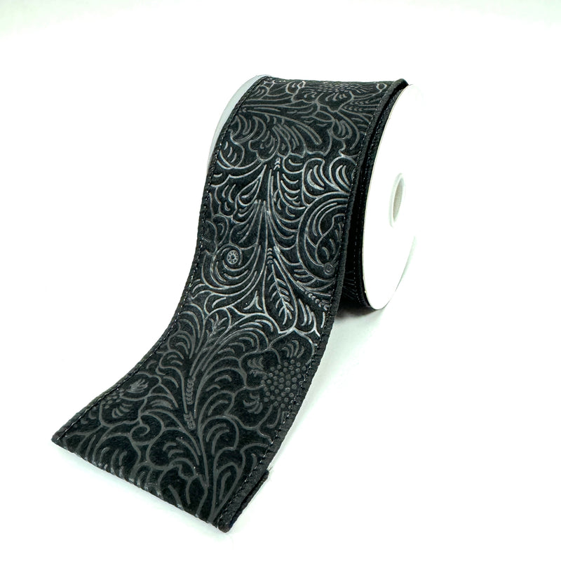 Black Flower Embossed Wired Ribbon - 2-1/2 Inch x 10 Yards