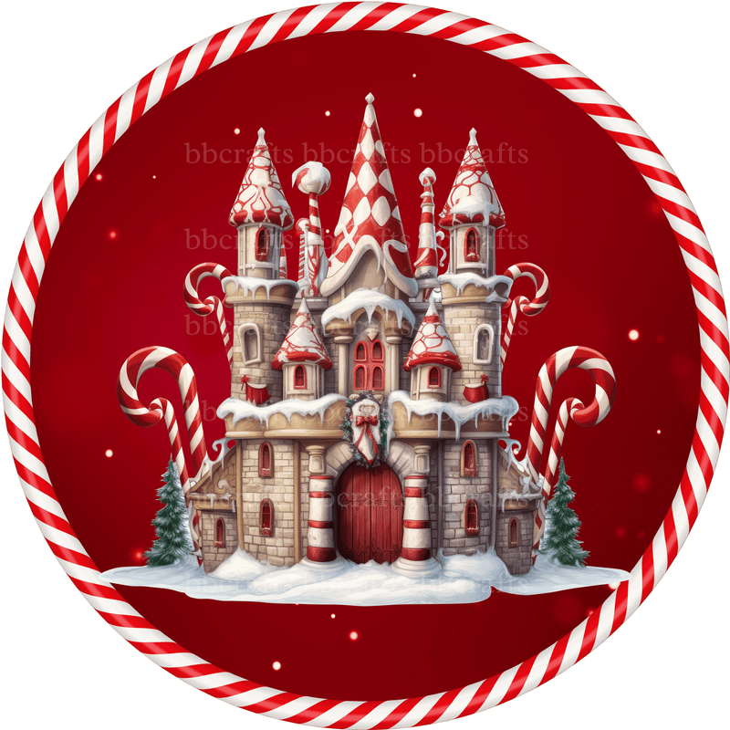 Christmas Metal Sign: CANDY CANE WINTER CASTLE - Wreath Accent - Made In USA BBCrafts.com