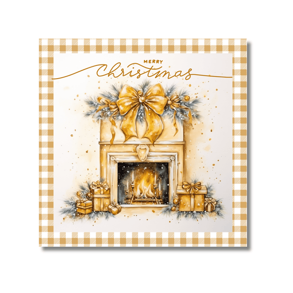 Christmas Metal Sign: GOLDEN MERRY CHRISTMAS FIREPLACE - Wreath Accents - Made In USA BBCrafts.com