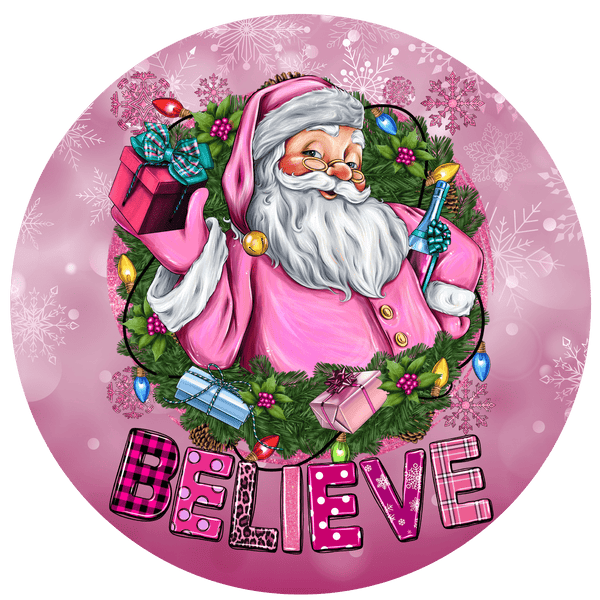 Christmas Metal Sign: PINK SANTA - Wreath Accents - Made In USA BBCrafts.com
