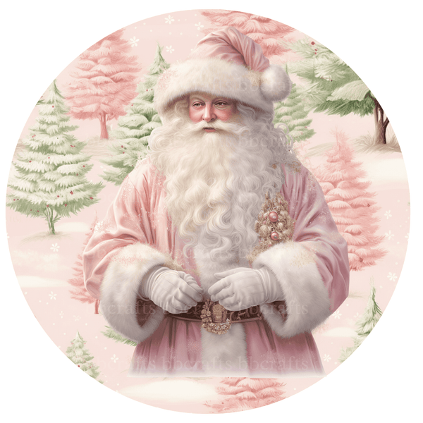 Christmas Metal Sign: PINK SANTA - Wreath Accents - Made In USA BBCrafts.com