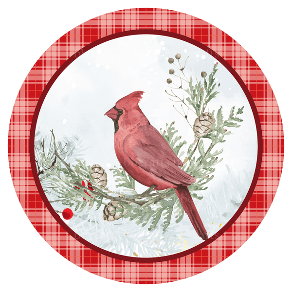 Christmas Metal Sign: PLAID CARDINAL - Wreath Accents - Made In USA BBCrafts.com