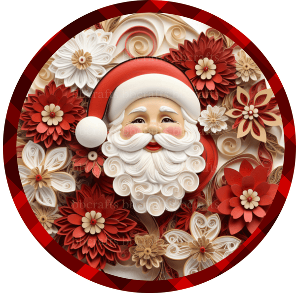 Christmas Metal Sign: RED FLORAL SANTA - Wreath Accents - Made In USA BBCrafts.com