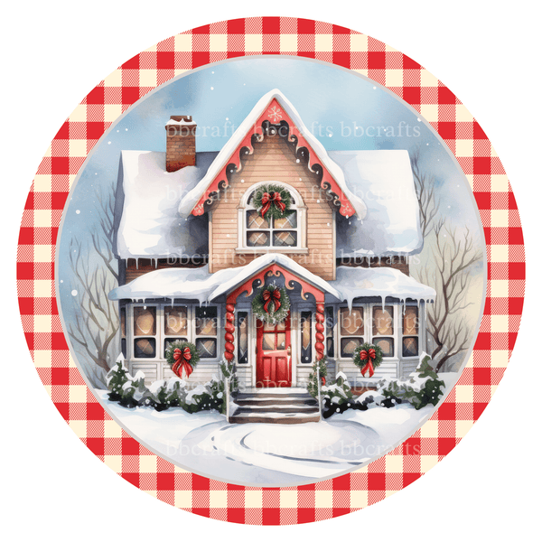 Christmas Metal Sign: SNOWY HOUSE - Wreath Accents - Made In USA BBCrafts.com