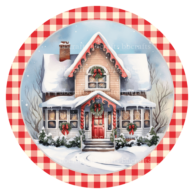 Christmas Metal Sign: SNOWY HOUSE - Wreath Accents - Made In USA BBCrafts.com