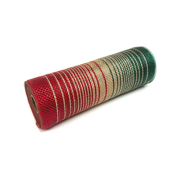 Christmas Natural Red Green Fade Stripes Deco Mesh - Holiday Fabric Deco Mesh - ( 10 Inch x 10 Yards ) BBCrafts.com