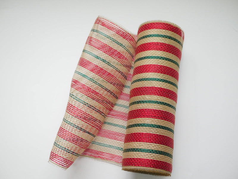 Christmas Natural Red Green Stripes Deco Mesh - Holiday Fabric Deco Mesh - ( 10 Inch x 10 Yards ) BBCrafts.com