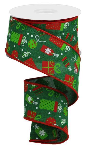 Christmas Presents Wired Edge Ribbon Emerald And Red - ( 2-1/2 Inch | 10 Yards ) BBCrafts.com